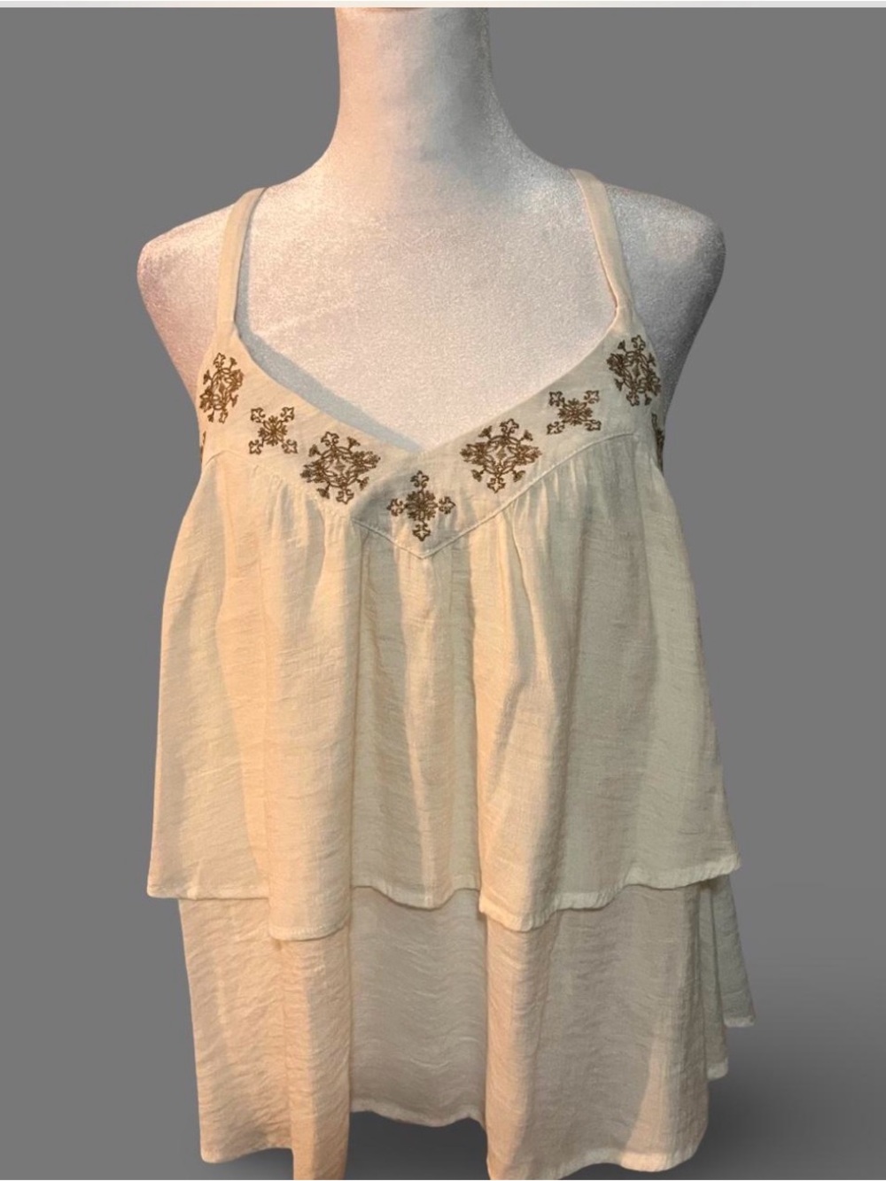 Cream Embroidered Tiered Spaghetti-Strap Tunic Top